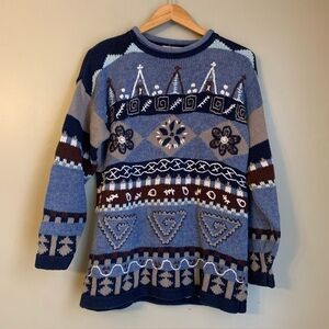 Christopher & Banks Blue Tunic Sweater Vtg Long SleevesEmbroidery Aztec All Over